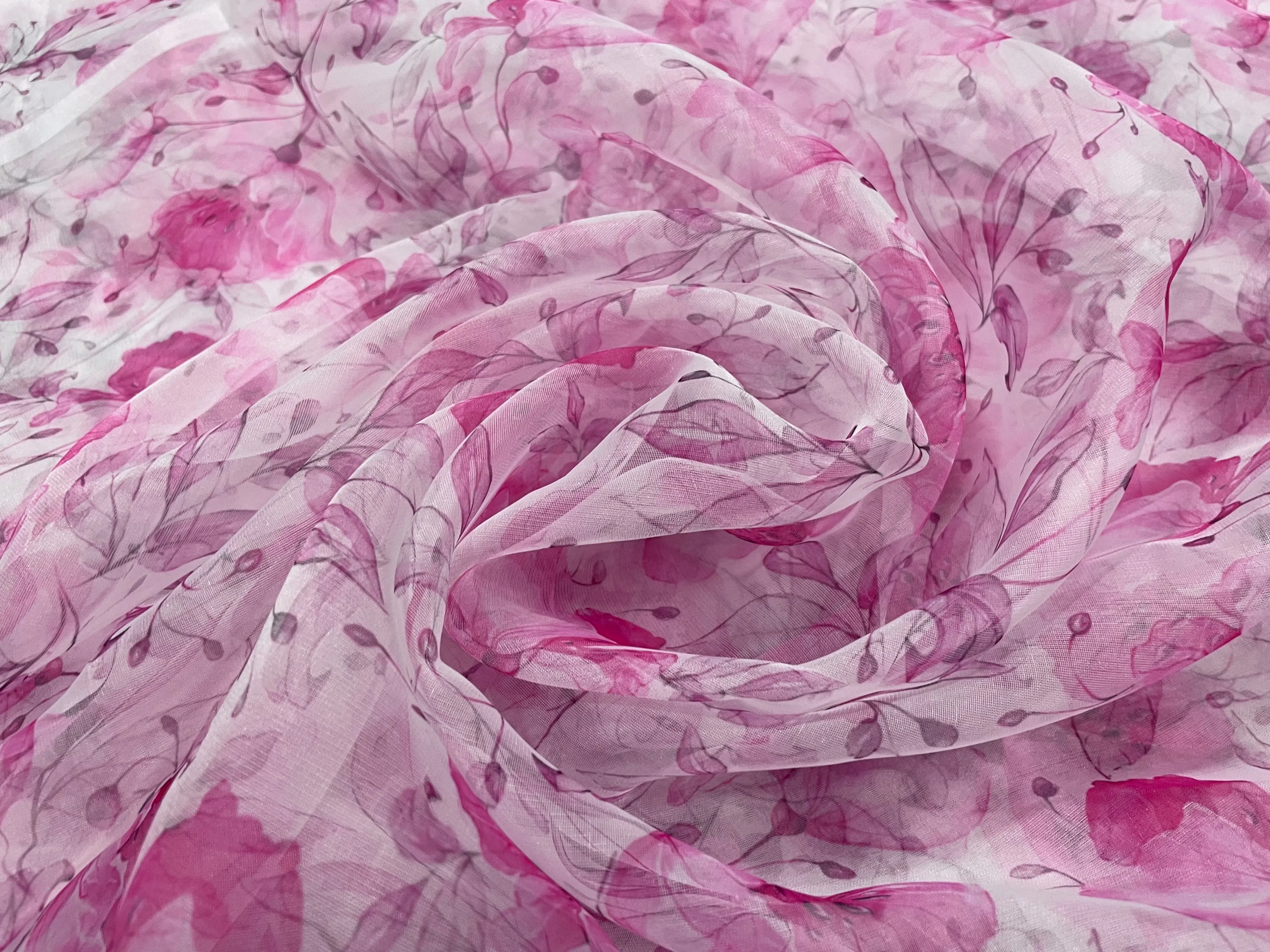 White & Pink Floral Printed Organza Fabric