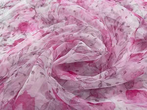 White & Pink Floral Printed Organza Fabric