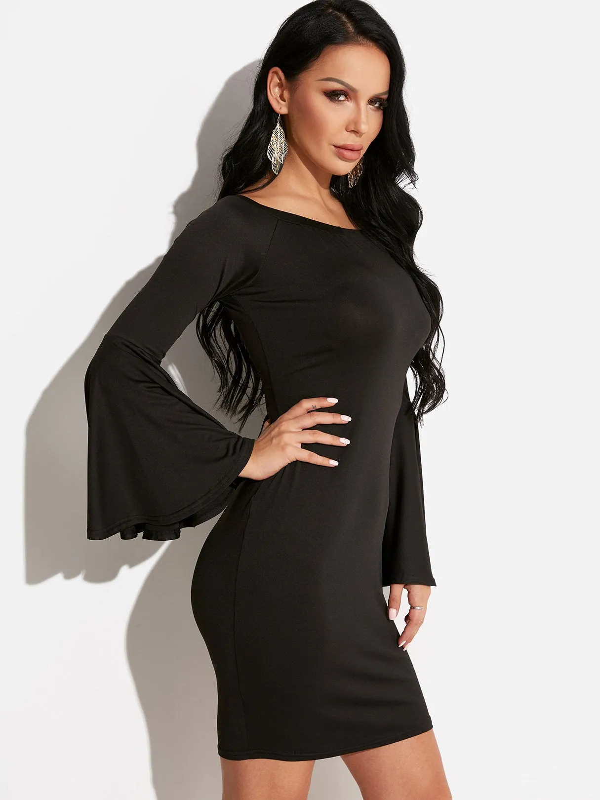 Wholesale Black Off The Shoulder Long Sleeve Bodycon Hem Dresses