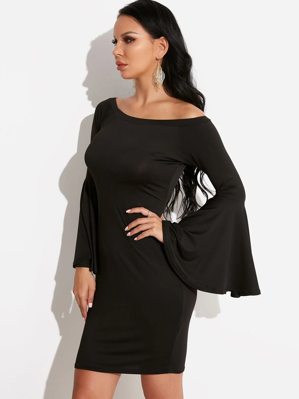 Wholesale Black Off The Shoulder Long Sleeve Bodycon Hem Dresses