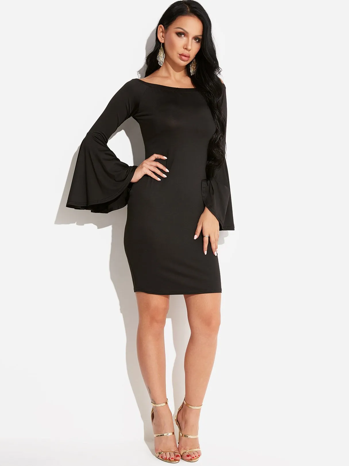 Wholesale Black Off The Shoulder Long Sleeve Bodycon Hem Dresses