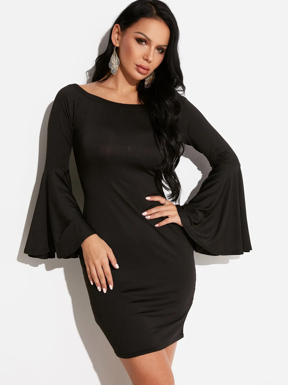 Wholesale Black Off The Shoulder Long Sleeve Bodycon Hem Dresses