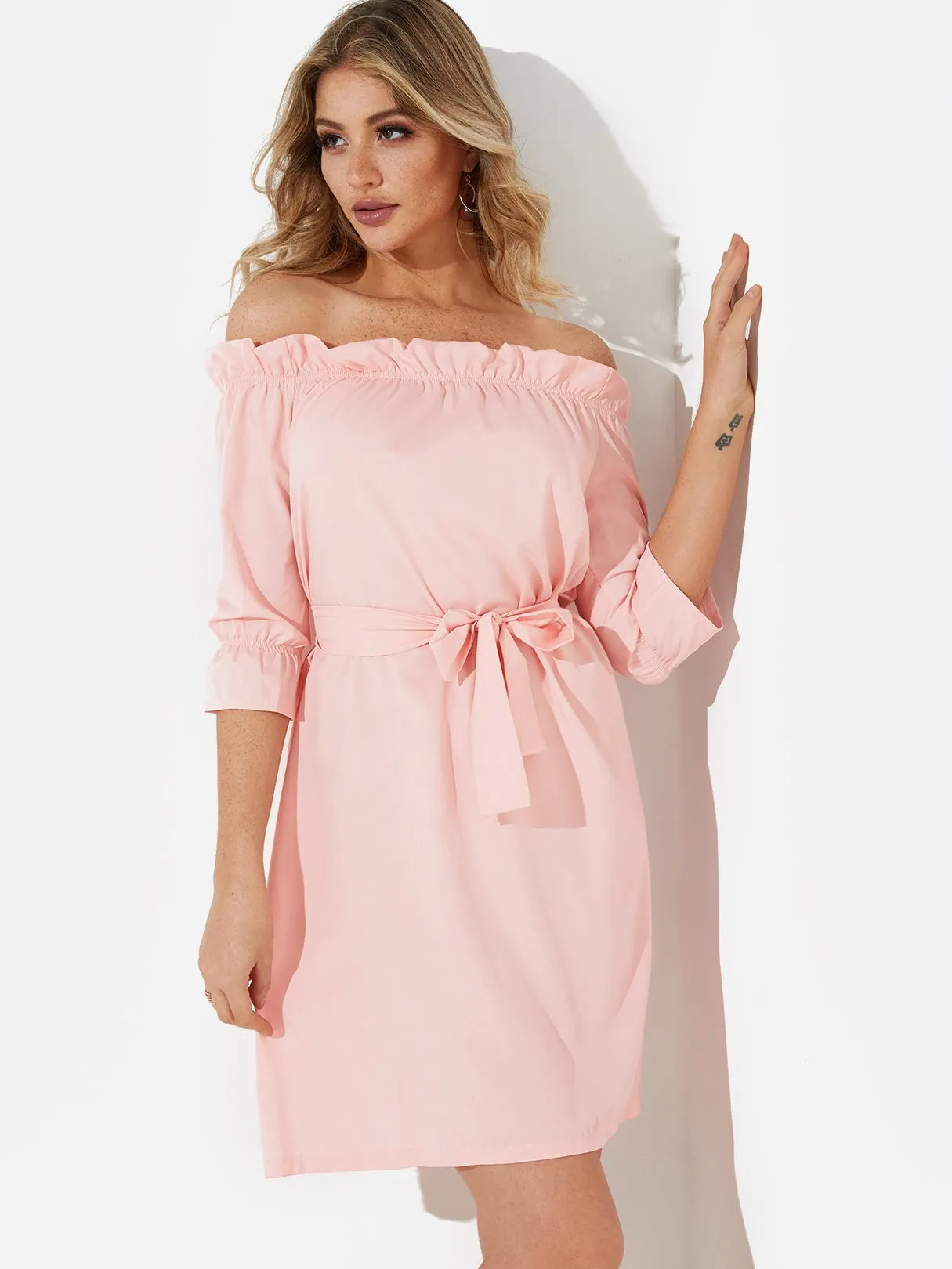 Wholesale Pink Off The Shoulder 3/4 Length Sleeve Plain Self-Tie Dresses