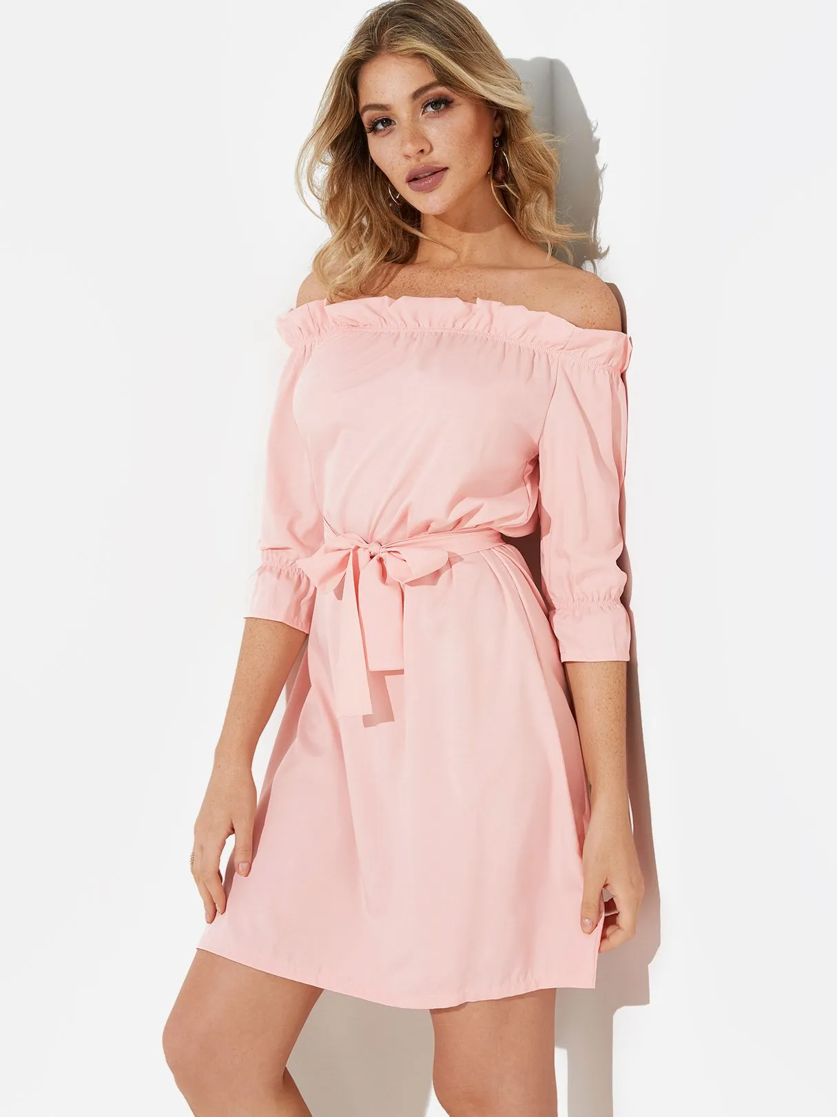 Wholesale Pink Off The Shoulder 3/4 Length Sleeve Plain Self-Tie Dresses