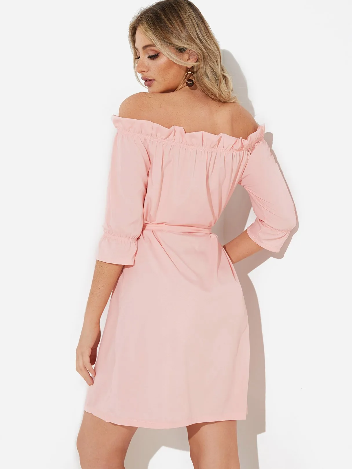Wholesale Pink Off The Shoulder 3/4 Length Sleeve Plain Self-Tie Dresses