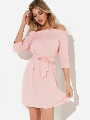 Wholesale Pink Off The Shoulder 3/4 Length Sleeve Plain Self-Tie Dresses