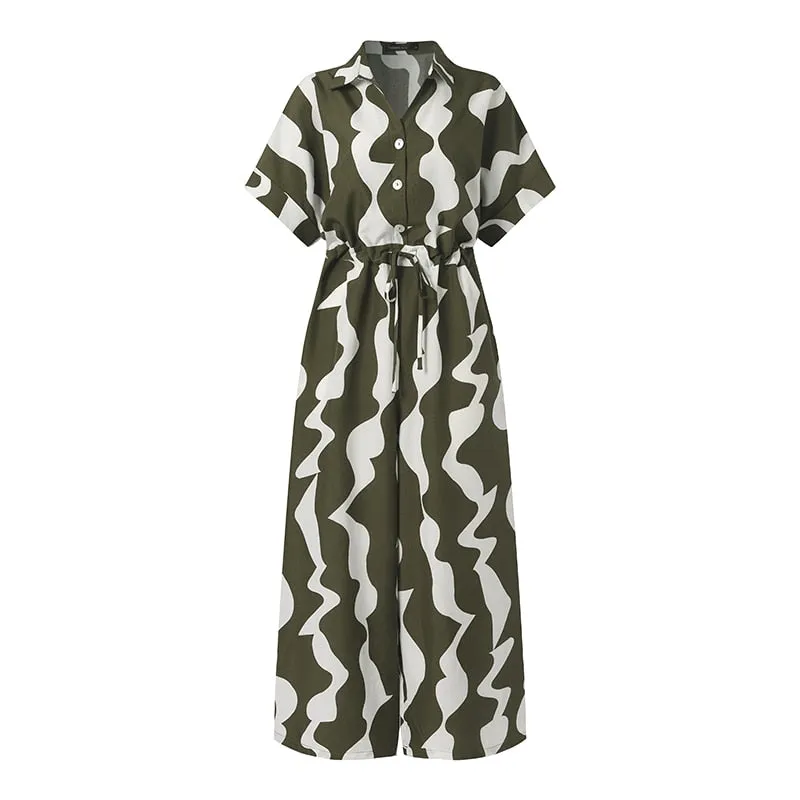 Wide Leg Pant Belted Button-Up Rompers