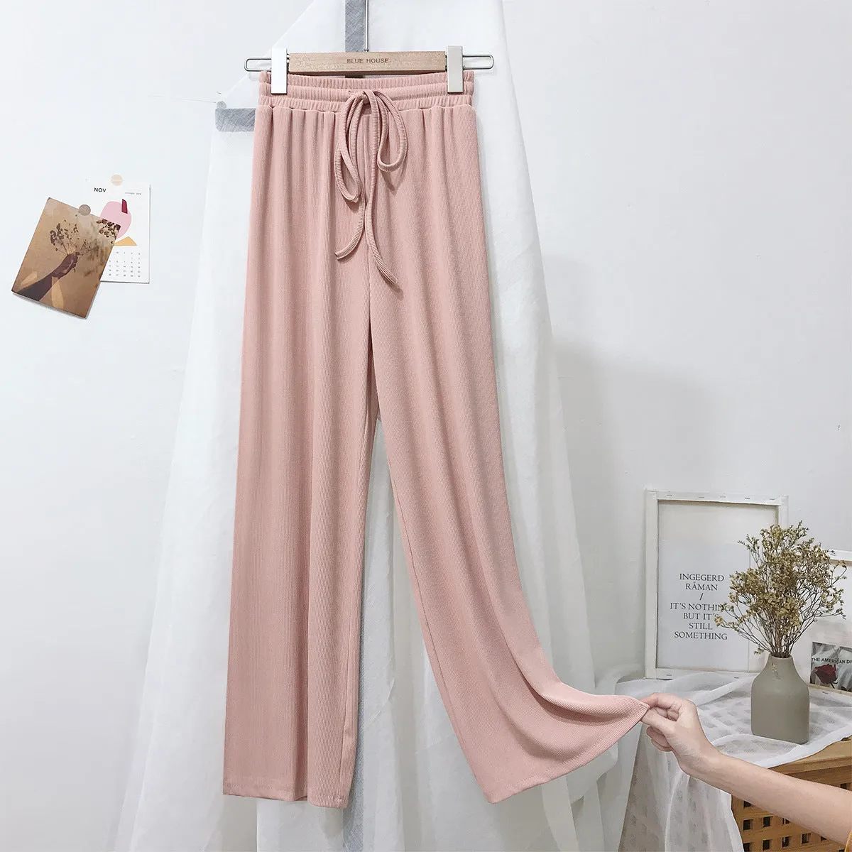 Wide Leg Pants Women High Waist Drape Floor Length Long Summer Loose Ice Silk Ankle-Length Straight Casual Pants