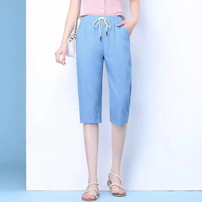 Wide Leg Pants Women Summer Thin Korean All-Matching Loose Plus Size Slim Look Ice Silk Cropped Casual High Waist Ankle-Length Pants
