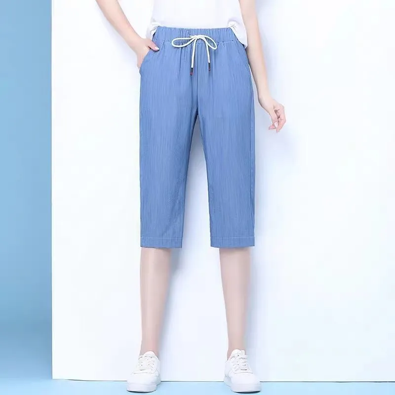 Wide Leg Pants Women Summer Thin Korean All-Matching Loose Plus Size Slim Look Ice Silk Cropped Casual High Waist Ankle-Length Pants