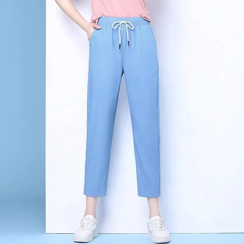 Wide Leg Pants Women Summer Thin Korean All-Matching Loose Plus Size Slim Look Ice Silk Cropped Casual High Waist Ankle-Length Pants