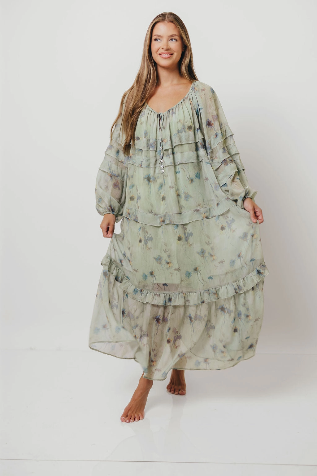Wildwood Ruffled Maxi Dress in Sage Multi