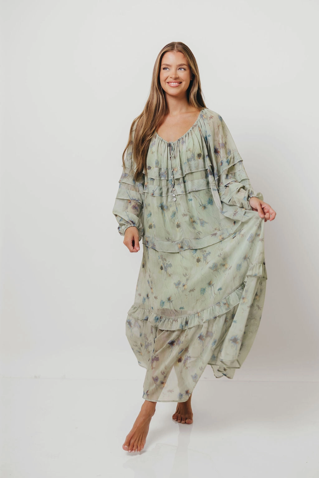 Wildwood Ruffled Maxi Dress in Sage Multi