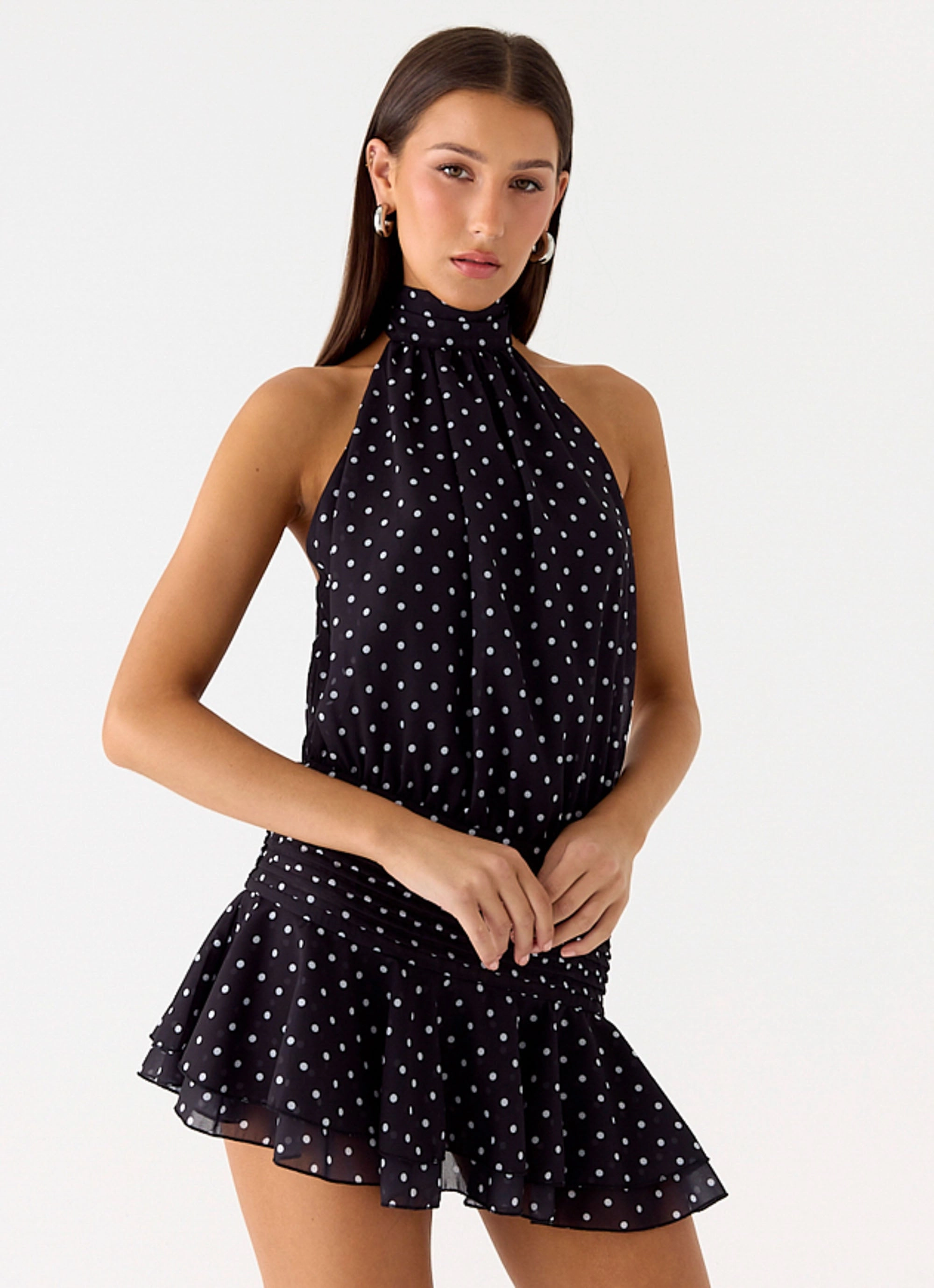 Willow Chiffon Mini Dress - Black Polkadot