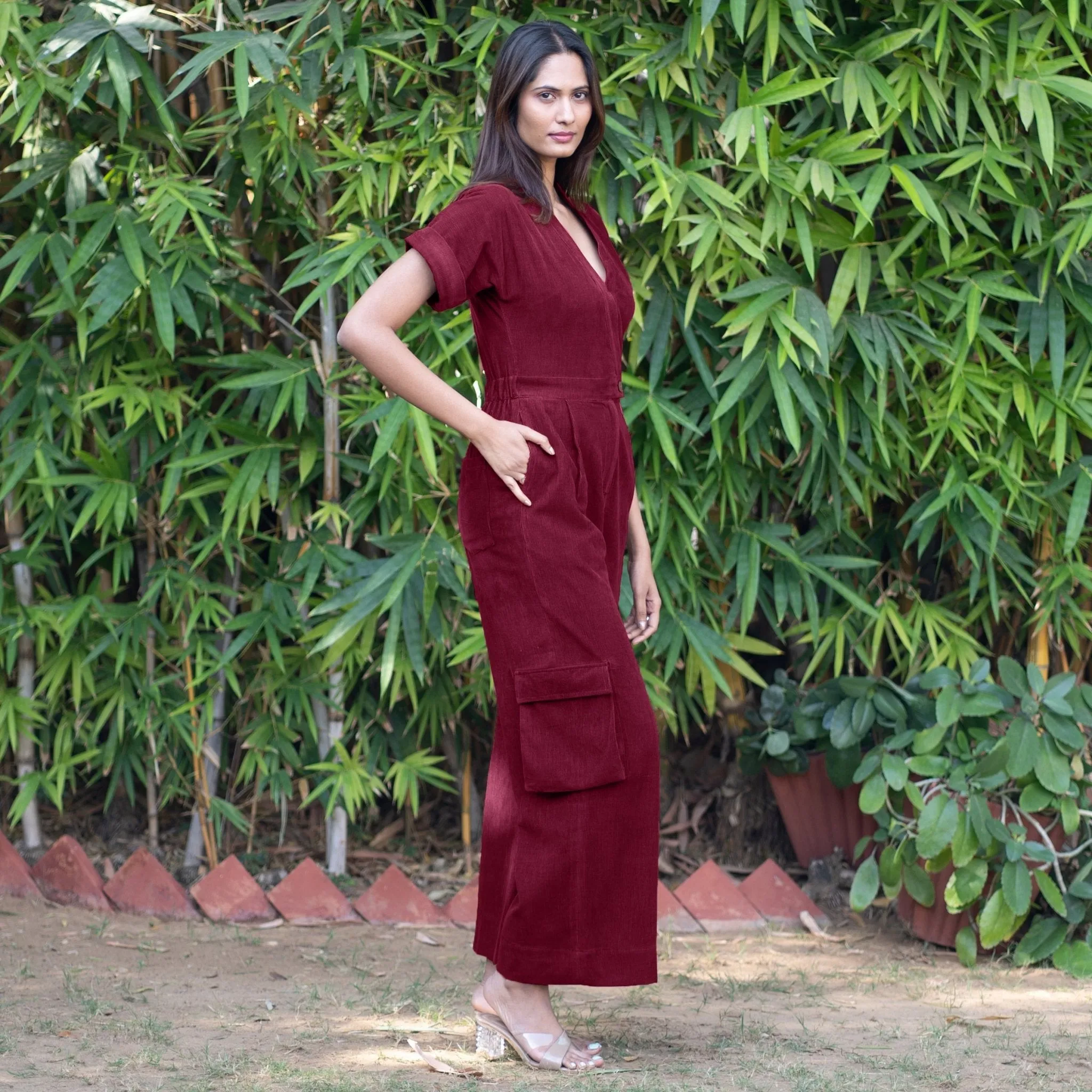 Wine Warm Cotton Corduroy Wide Legged Wrap Cargo Jumpsuit
