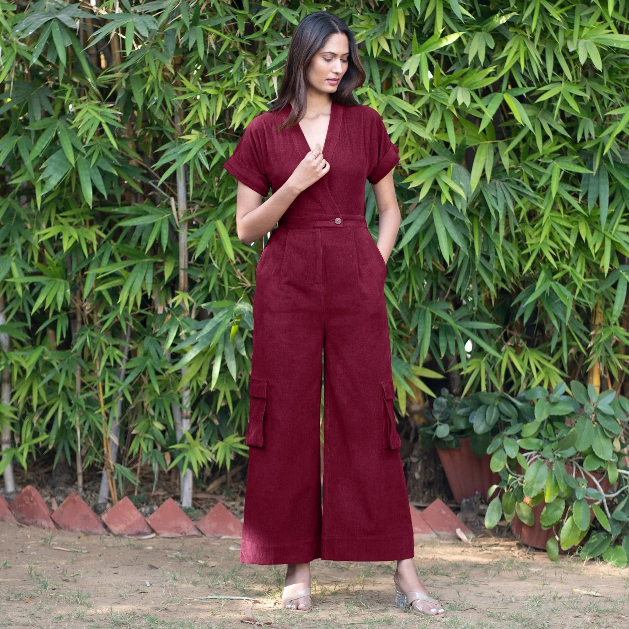 Wine Warm Cotton Corduroy Wide Legged Wrap Cargo Jumpsuit