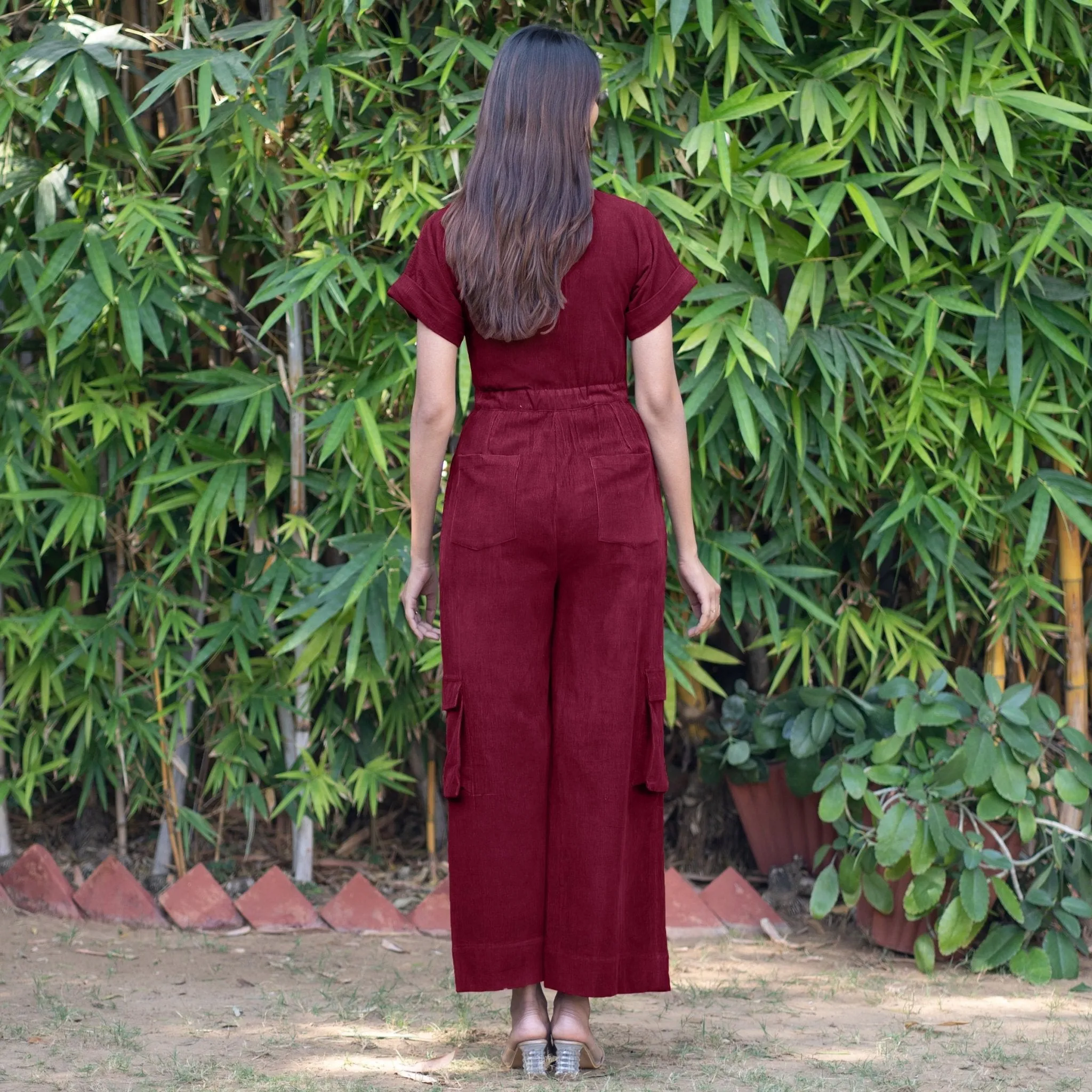 Wine Warm Cotton Corduroy Wide Legged Wrap Cargo Jumpsuit