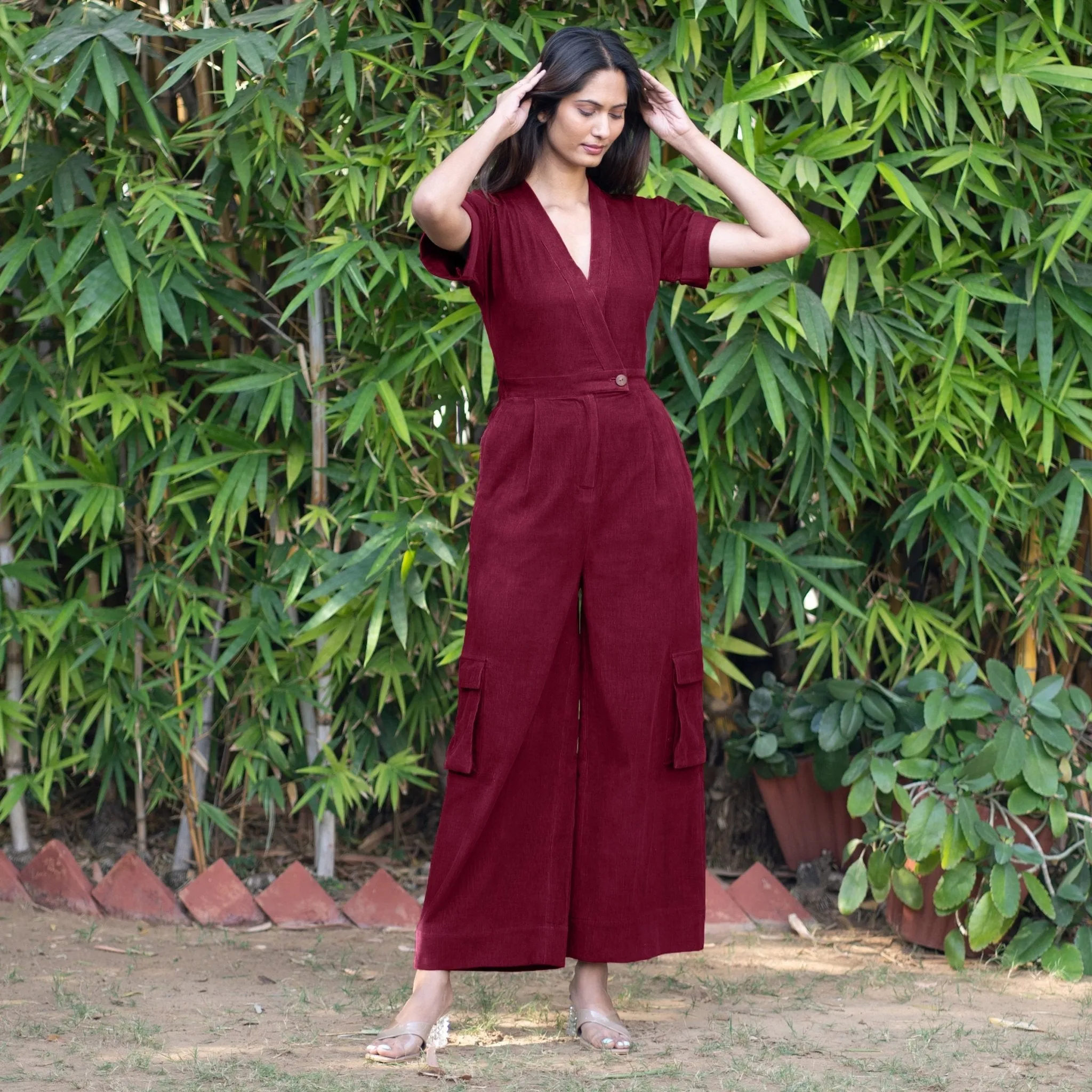 Wine Warm Cotton Corduroy Wide Legged Wrap Cargo Jumpsuit