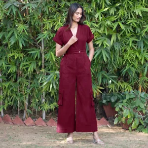 Wine Warm Cotton Corduroy Wide Legged Wrap Cargo Jumpsuit