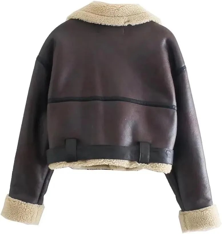 Winter Women Streetwear Faux Lamb Leather Fur Short Jacket With Belt Moto Biker Thick Warm Faux Sheepskin Coat