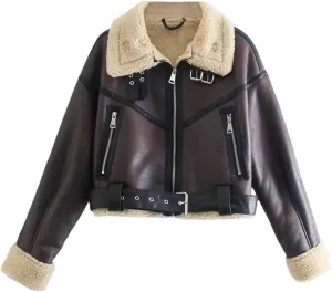Winter Women Streetwear Faux Lamb Leather Fur Short Jacket With Belt Moto Biker Thick Warm Faux Sheepskin Coat