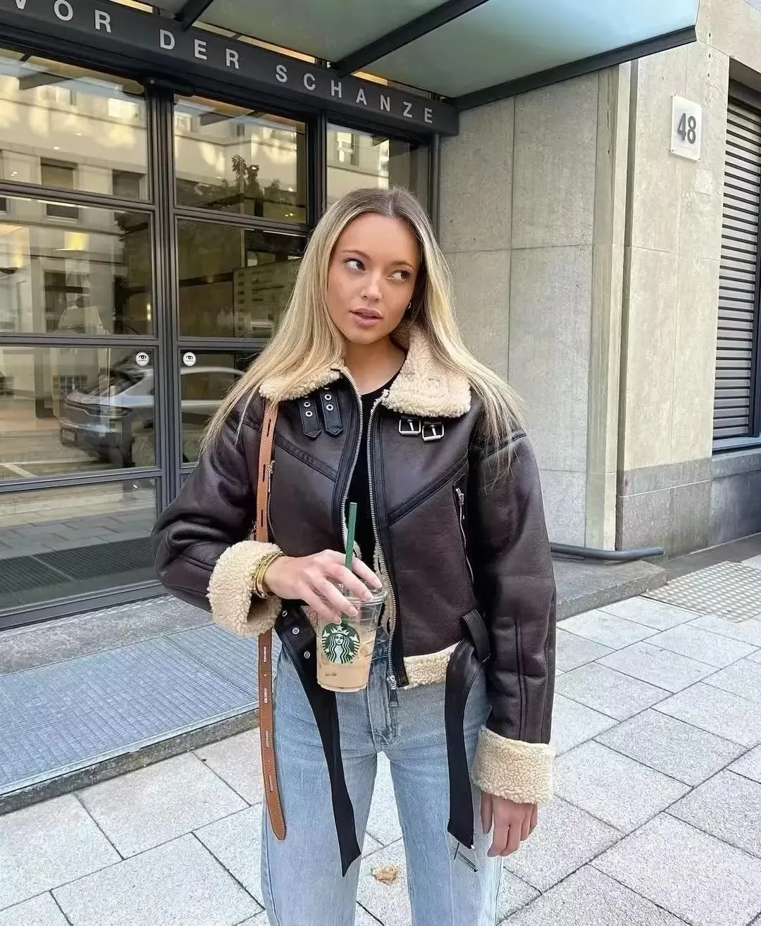 Winter Women Streetwear Faux Lamb Leather Fur Short Jacket With Belt Moto Biker Thick Warm Faux Sheepskin Coat