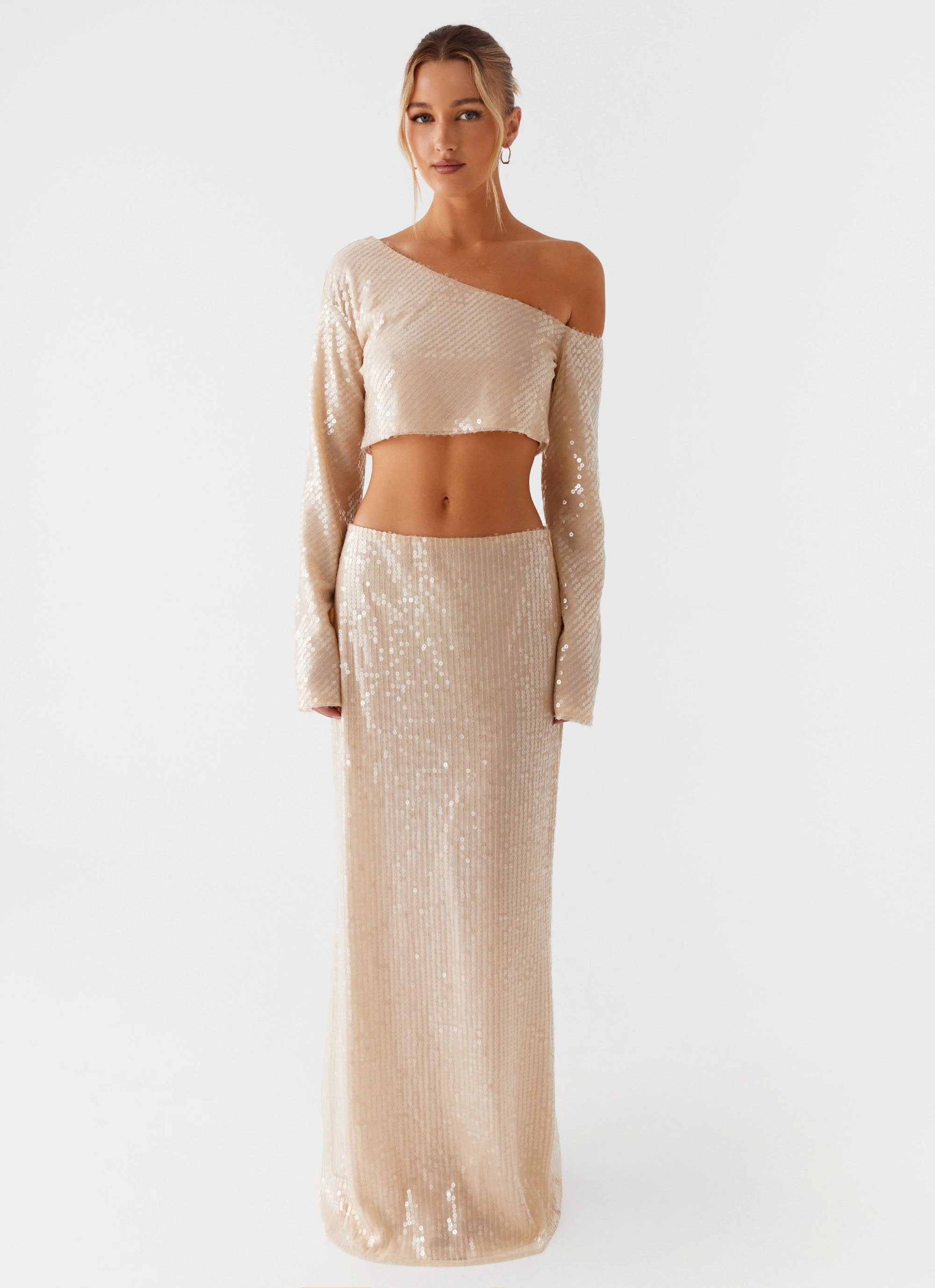 Wisteria Low Rise Sequin Maxi Skirt - Champagne