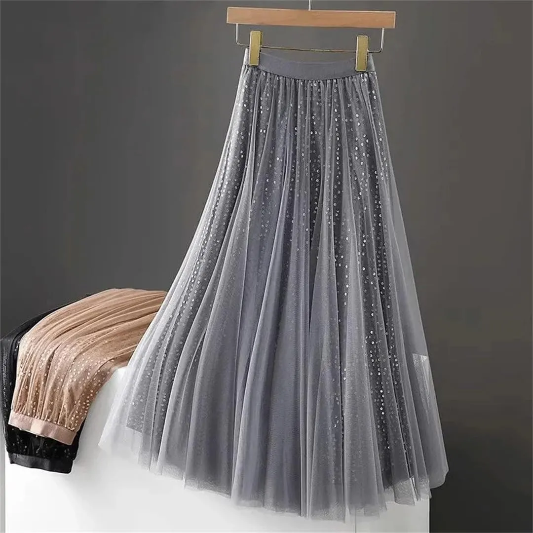 Wjnvfioo Women's Pleated Skirt Spring Fashion Sequin High Waisted Mesh Splicing Female Casual A-Line Skirt