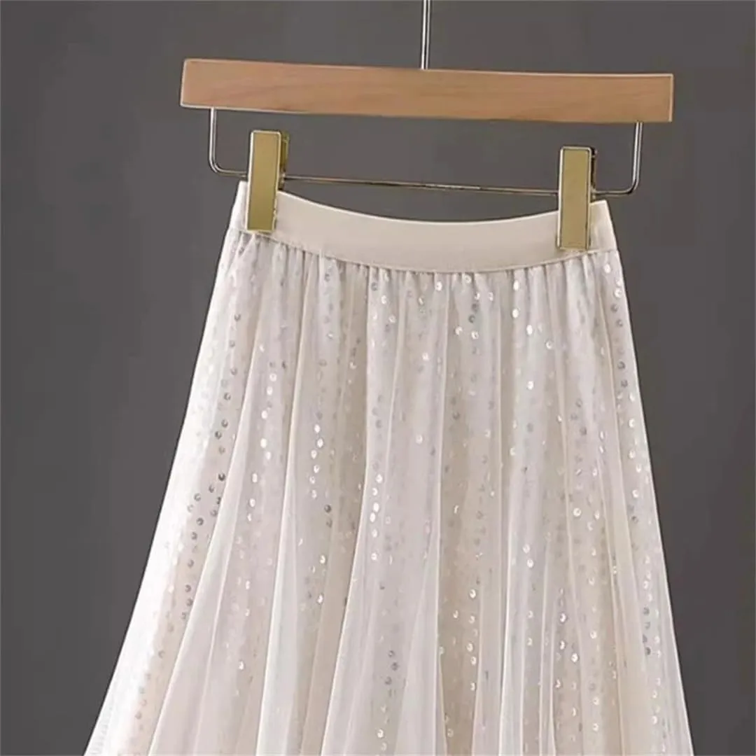 Wjnvfioo Women's Pleated Skirt Spring Fashion Sequin High Waisted Mesh Splicing Female Casual A-Line Skirt