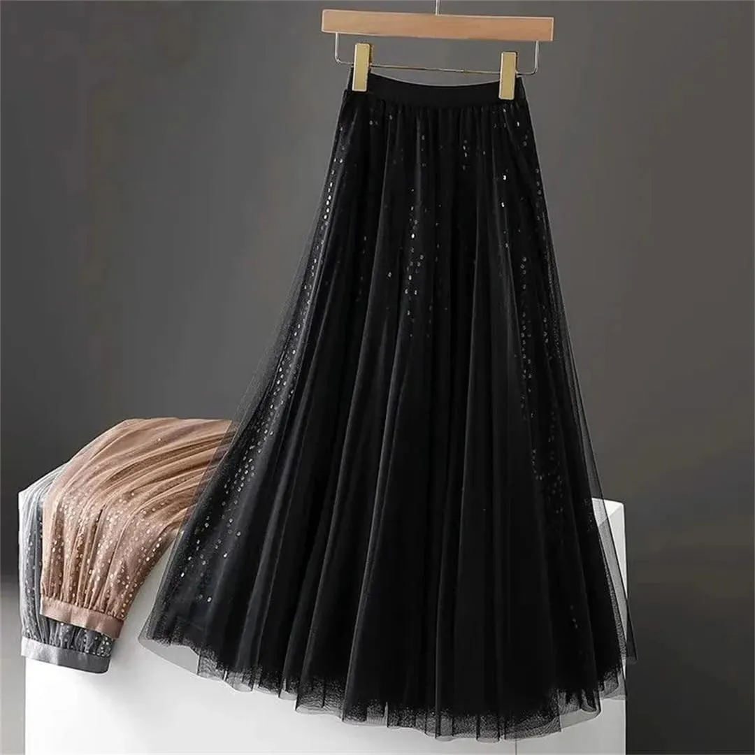 Wjnvfioo Women's Pleated Skirt Spring Fashion Sequin High Waisted Mesh Splicing Female Casual A-Line Skirt