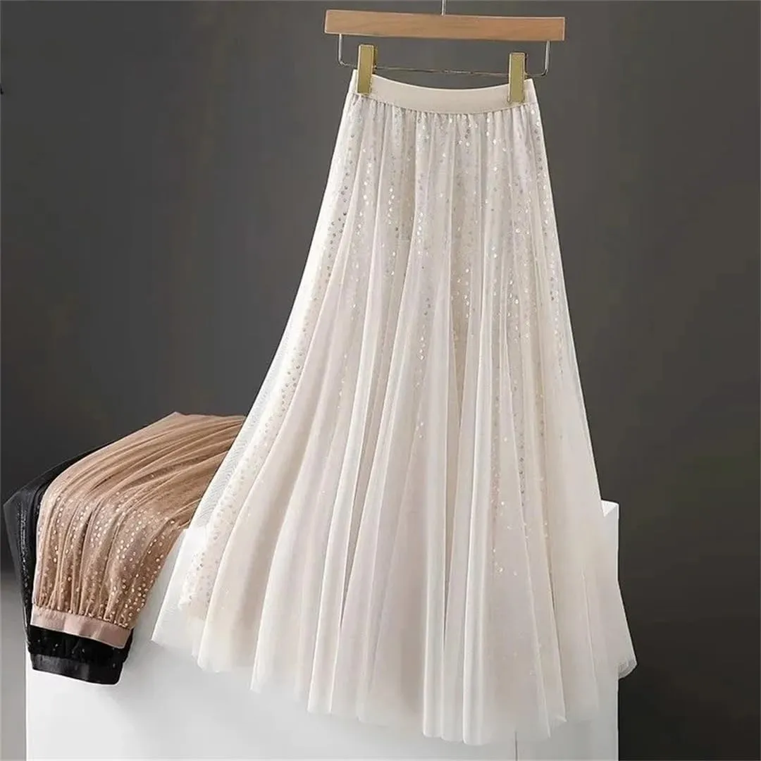 Wjnvfioo Women's Pleated Skirt Spring Fashion Sequin High Waisted Mesh Splicing Female Casual A-Line Skirt