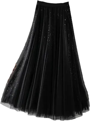 Wjnvfioo Women's Pleated Skirt Spring Fashion Sequin High Waisted Mesh Splicing Female Casual A-Line Skirt