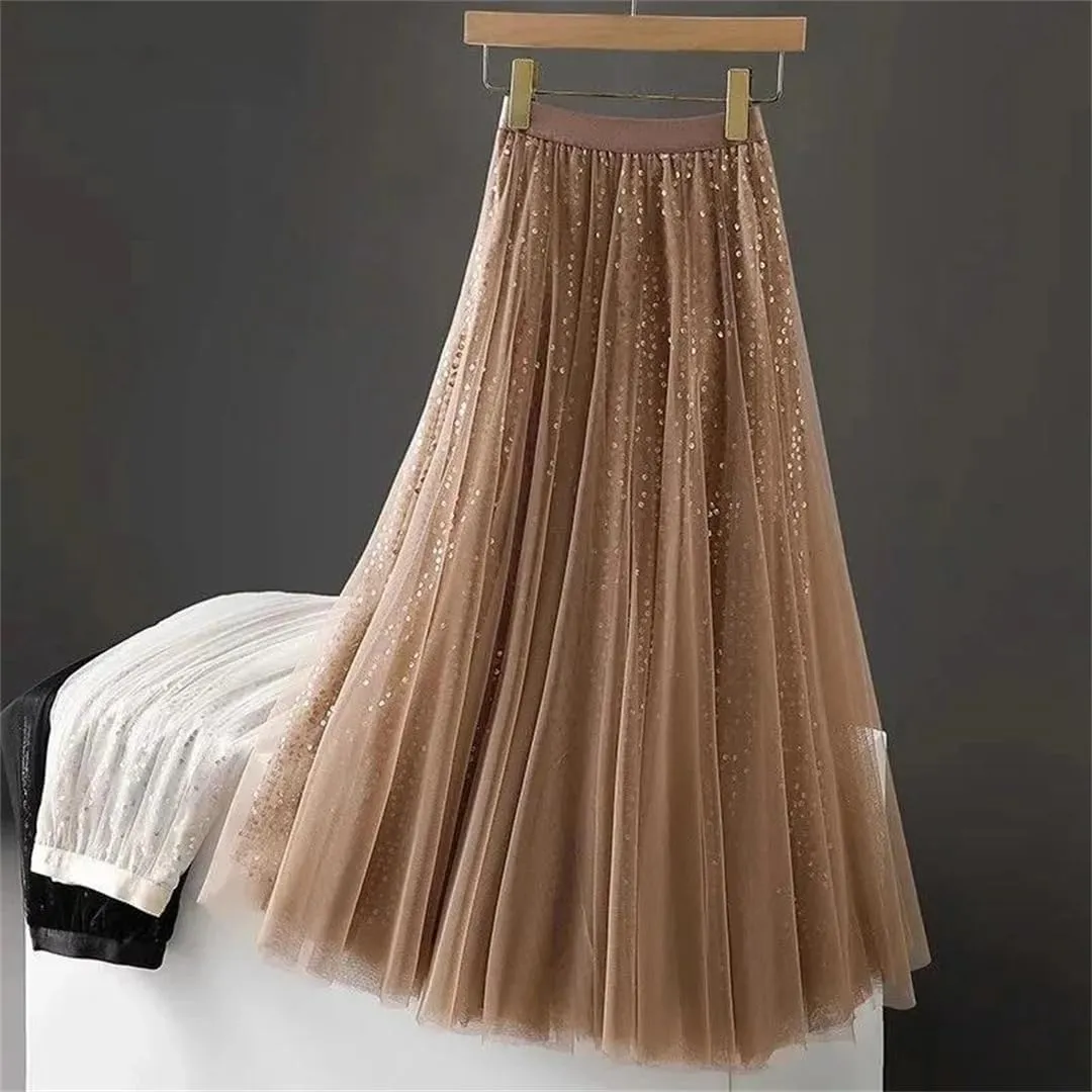 Wjnvfioo Women's Pleated Skirt Spring Fashion Sequin High Waisted Mesh Splicing Female Casual A-Line Skirt