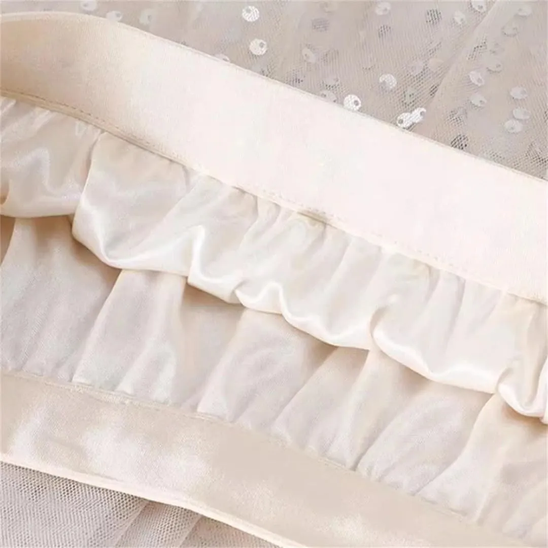 Wjnvfioo Women's Pleated Skirt Spring Fashion Sequin High Waisted Mesh Splicing Female Casual A-Line Skirt