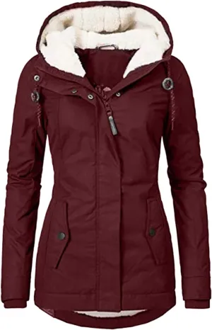 Wkishenl Winter Coats for Women 2024 Warm Sherpa Fleece Lined Jackets Solid Long Sleeve Puffer Jacket Zipper Hooded Outwear