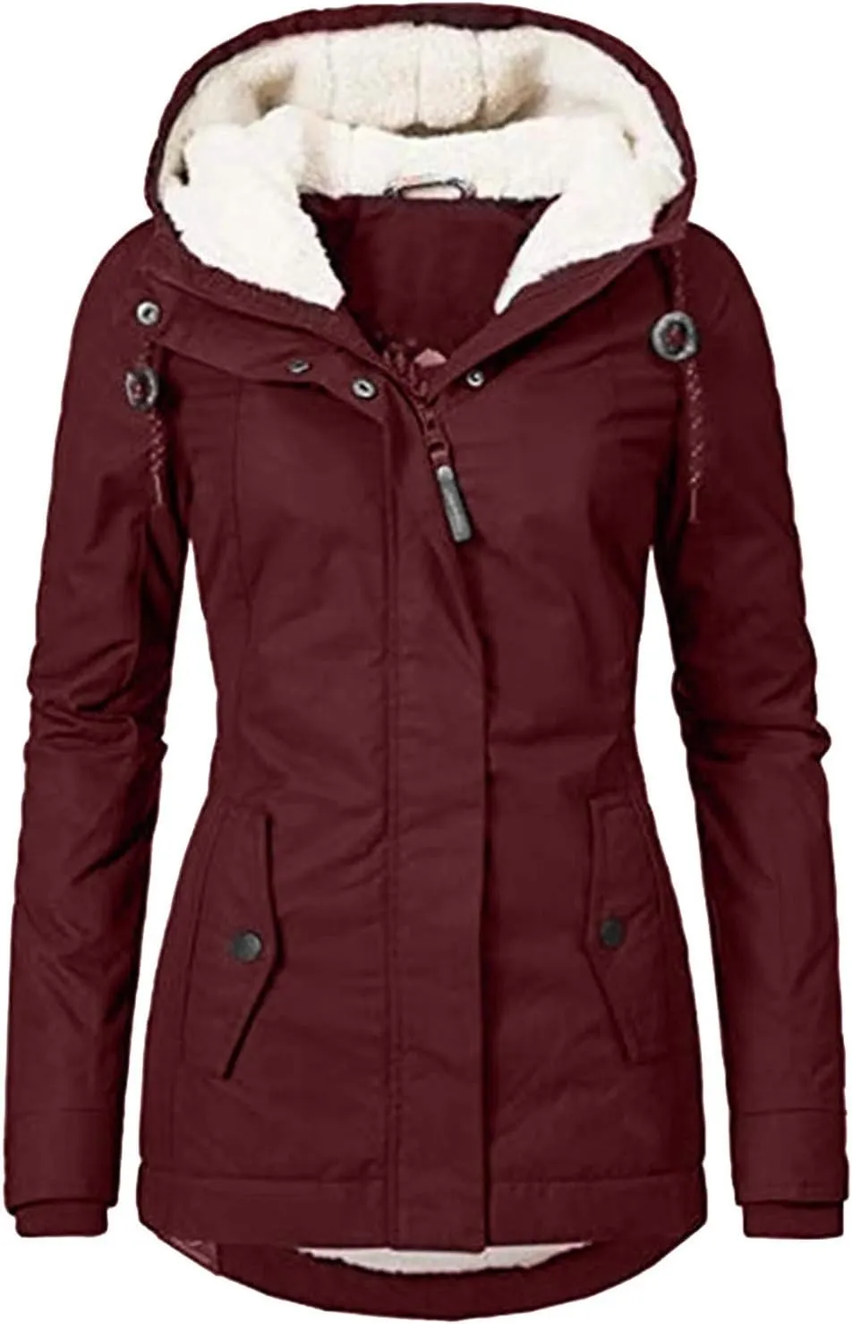 Wkishenl Winter Coats for Women 2024 Warm Sherpa Fleece Lined Jackets Solid Long Sleeve Puffer Jacket Zipper Hooded Outwear