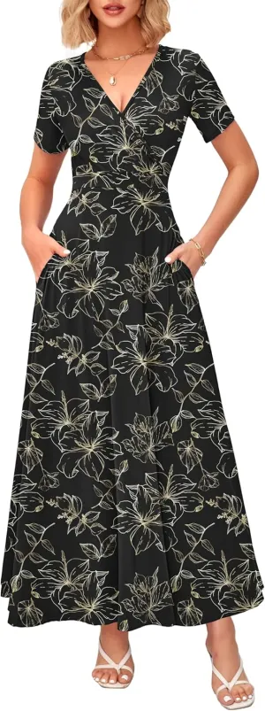 WNEEDU Women's Summer Maxi Dress Short Sleeves Wrap V Neck Long Dresses with Pockets