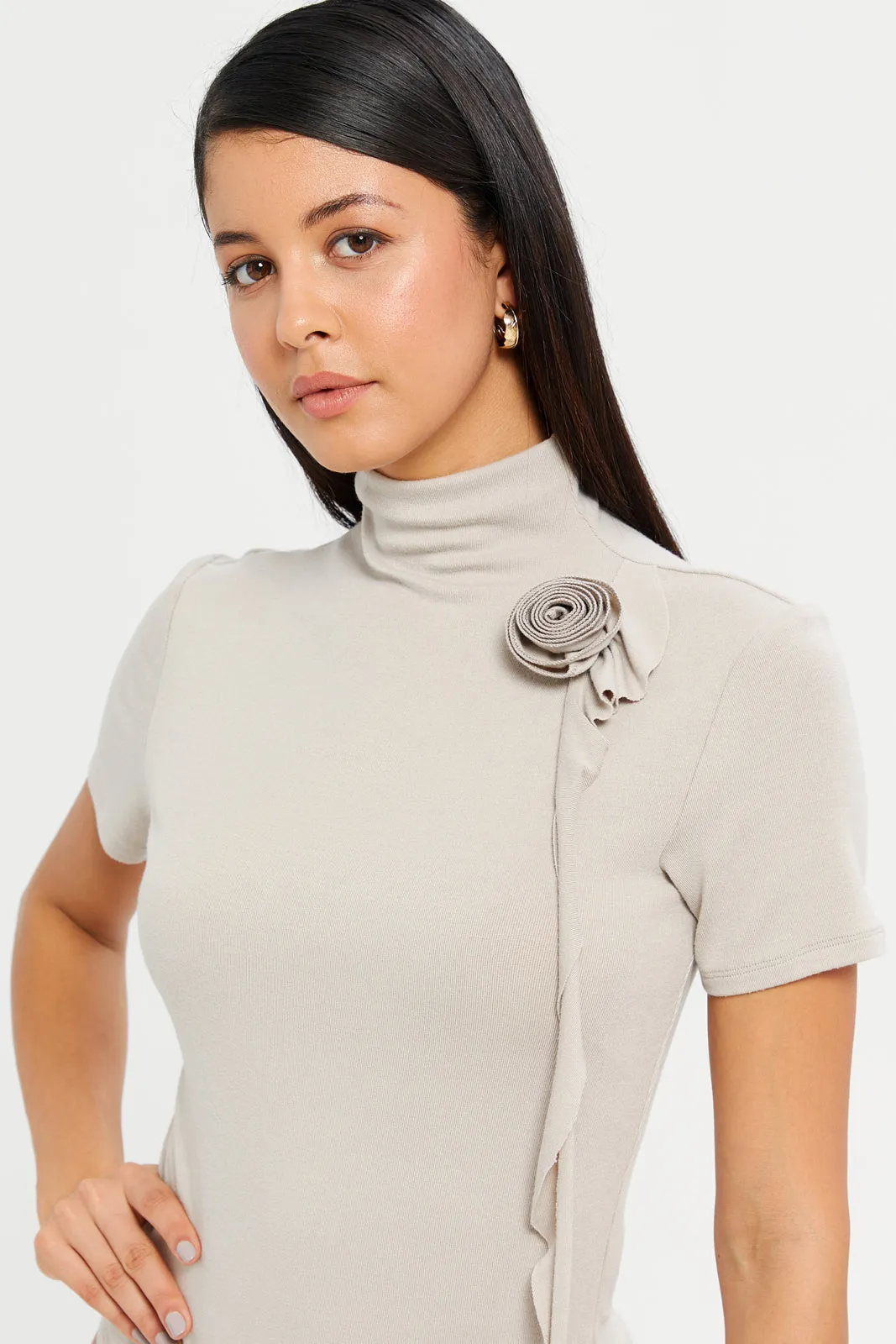 Women Beige Embellished High Neck Top