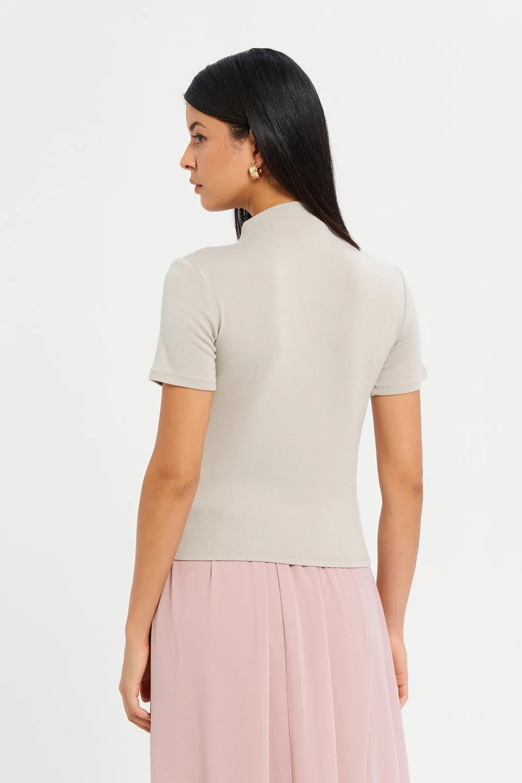 Women Beige Embellished High Neck Top