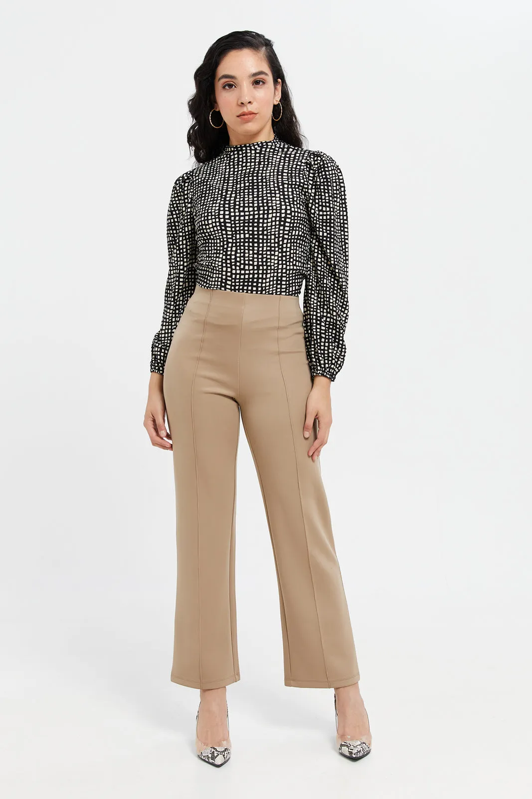 Women Black And White Printed Turtle Neck Jersey Top
