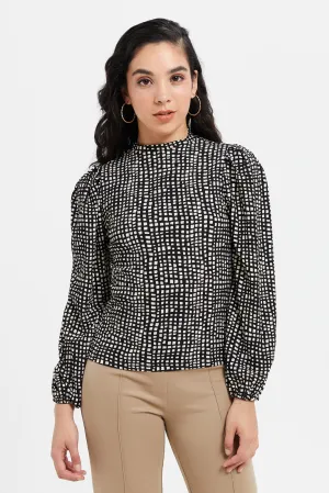 Women Black And White Printed Turtle Neck Jersey Top