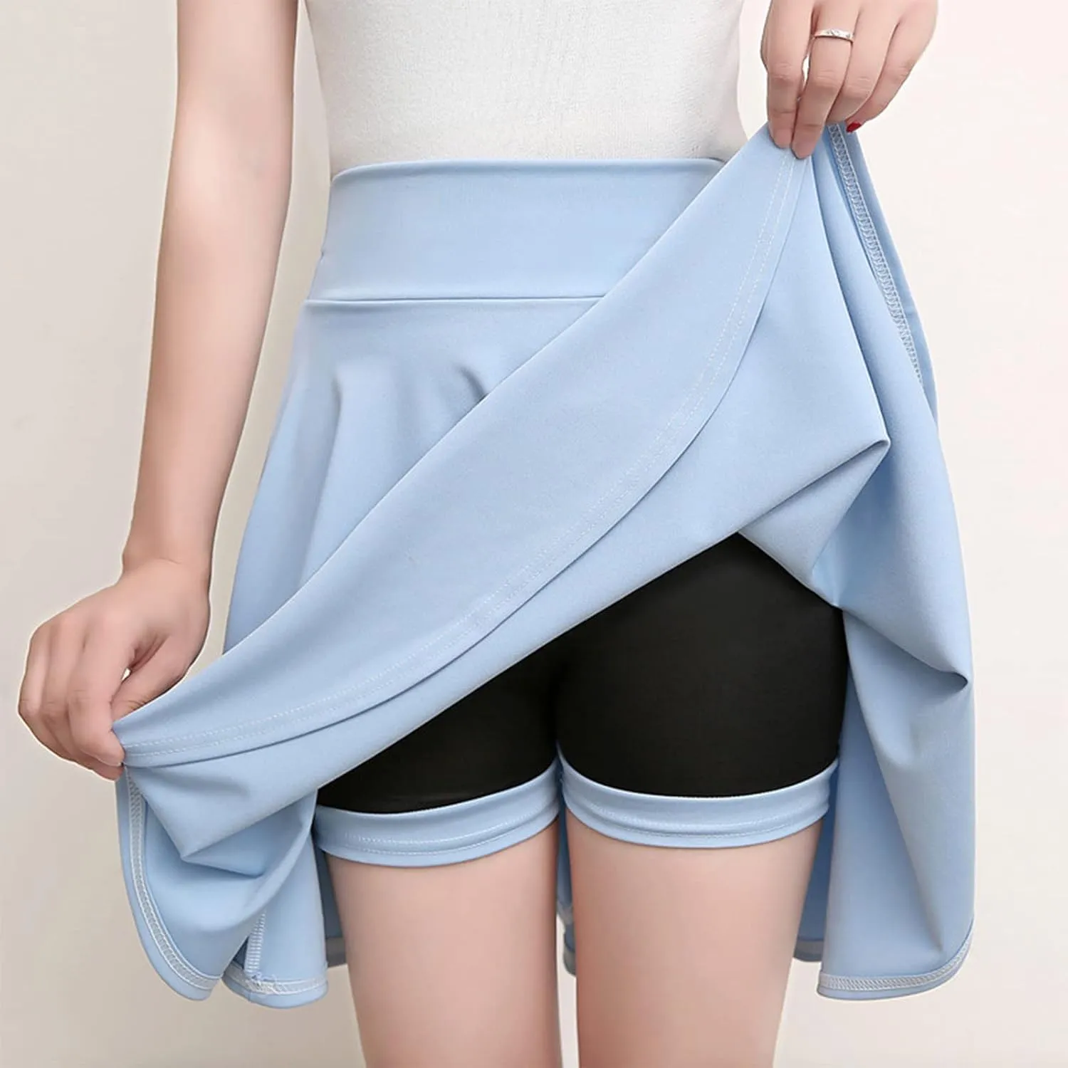 Women Casual Solid Half Skirt Solid Color A-Line Pleated Mini Skirt Built-in Shorts