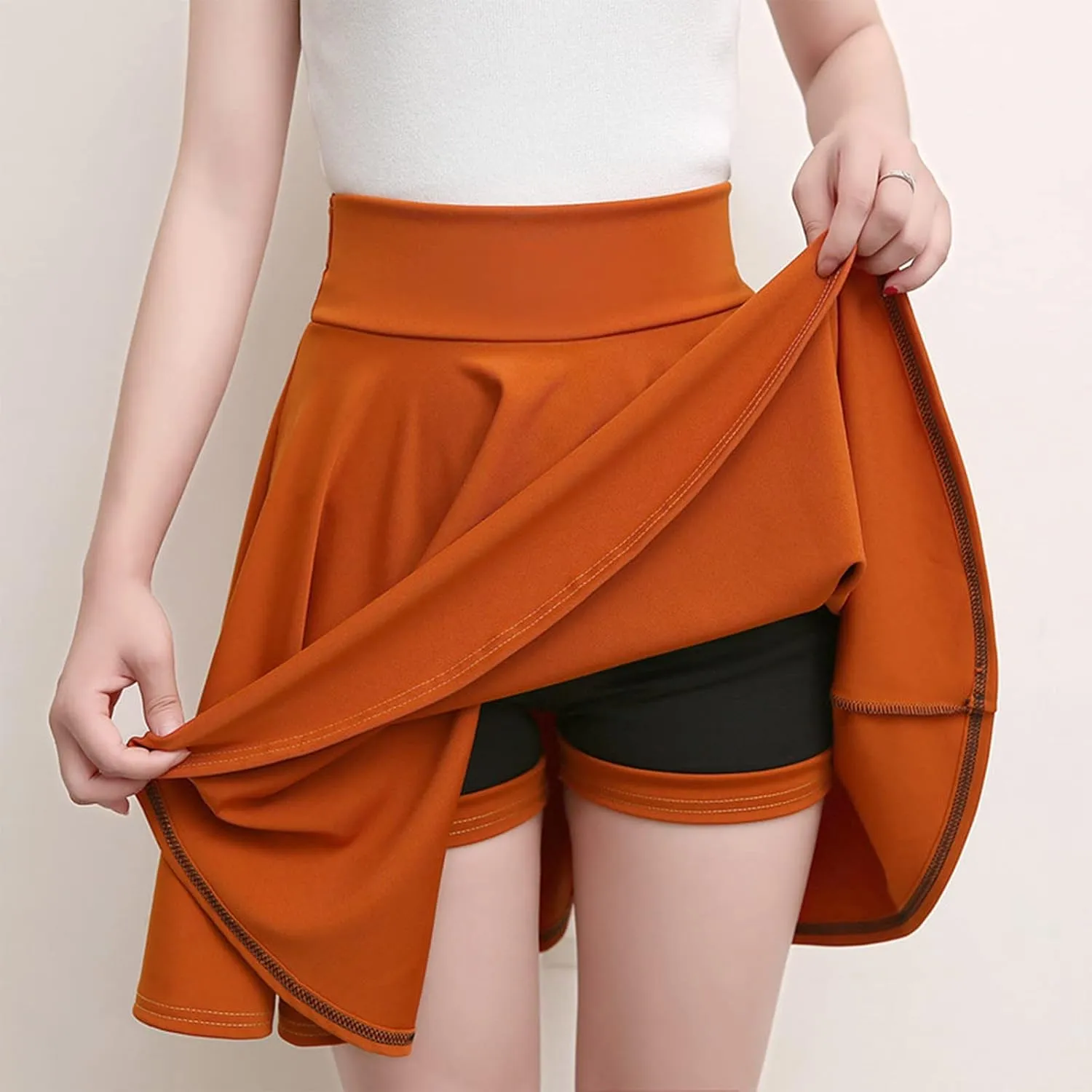 Women Casual Solid Half Skirt Solid Color A-Line Pleated Mini Skirt Built-in Shorts