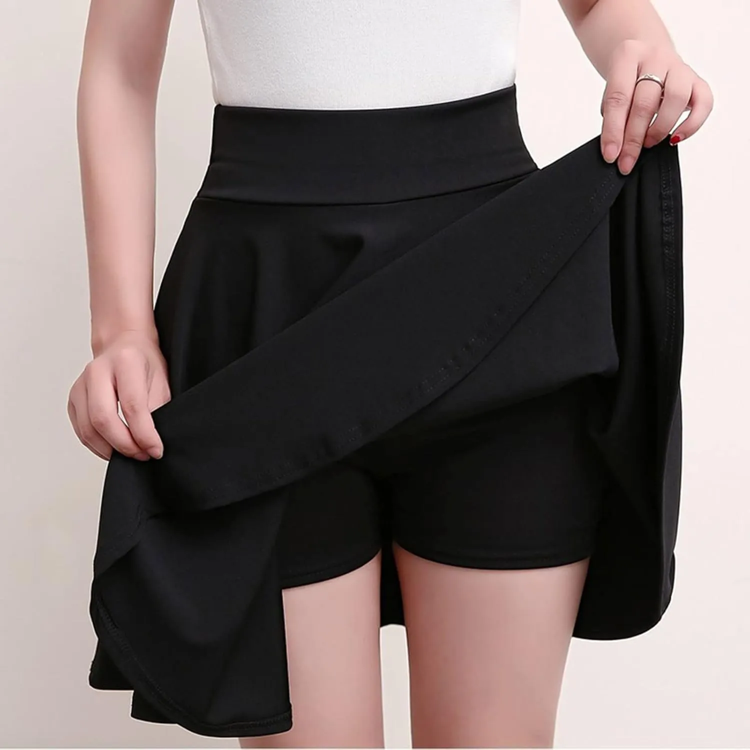 Women Casual Solid Half Skirt Solid Color A-Line Pleated Mini Skirt Built-in Shorts