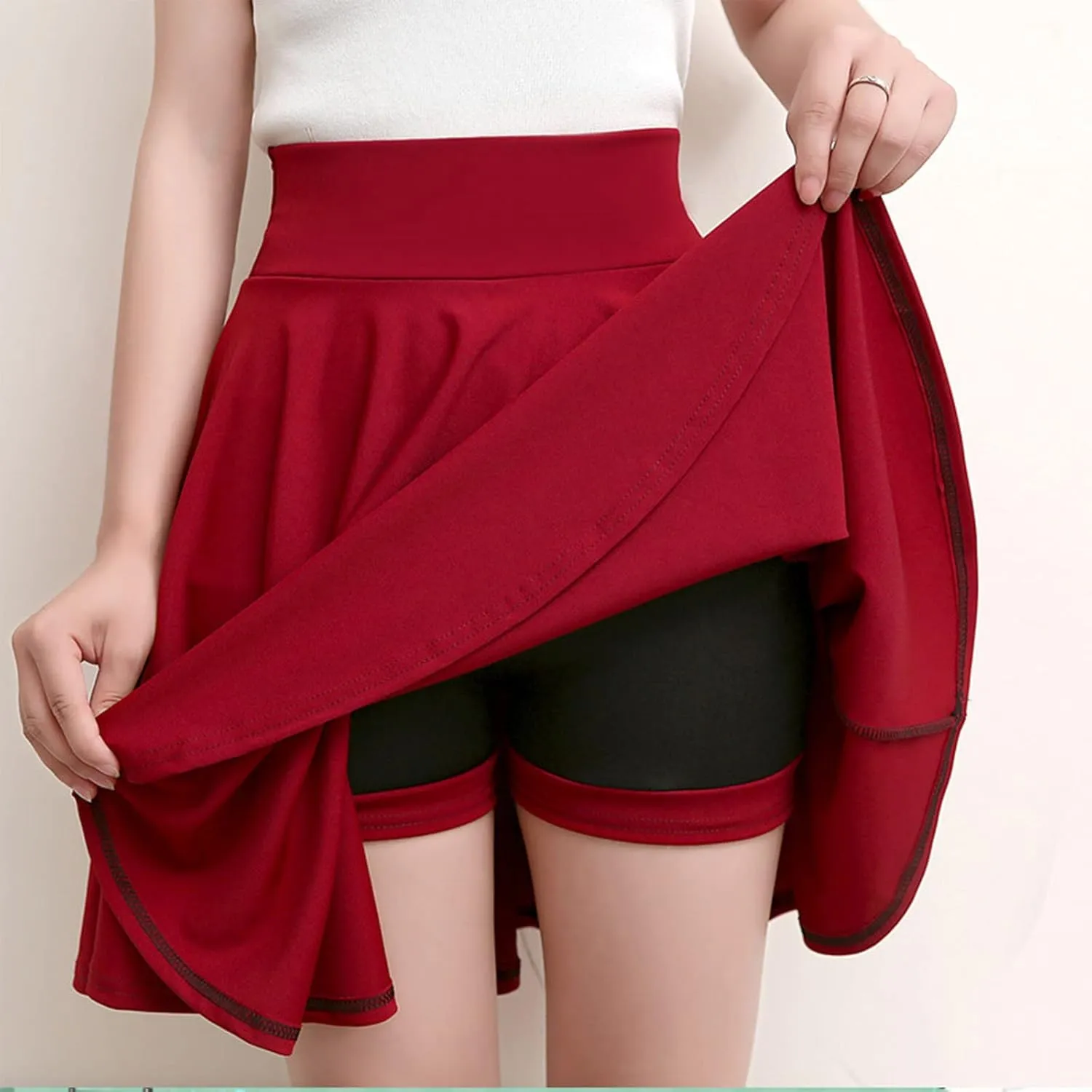 Women Casual Solid Half Skirt Solid Color A-Line Pleated Mini Skirt Built-in Shorts
