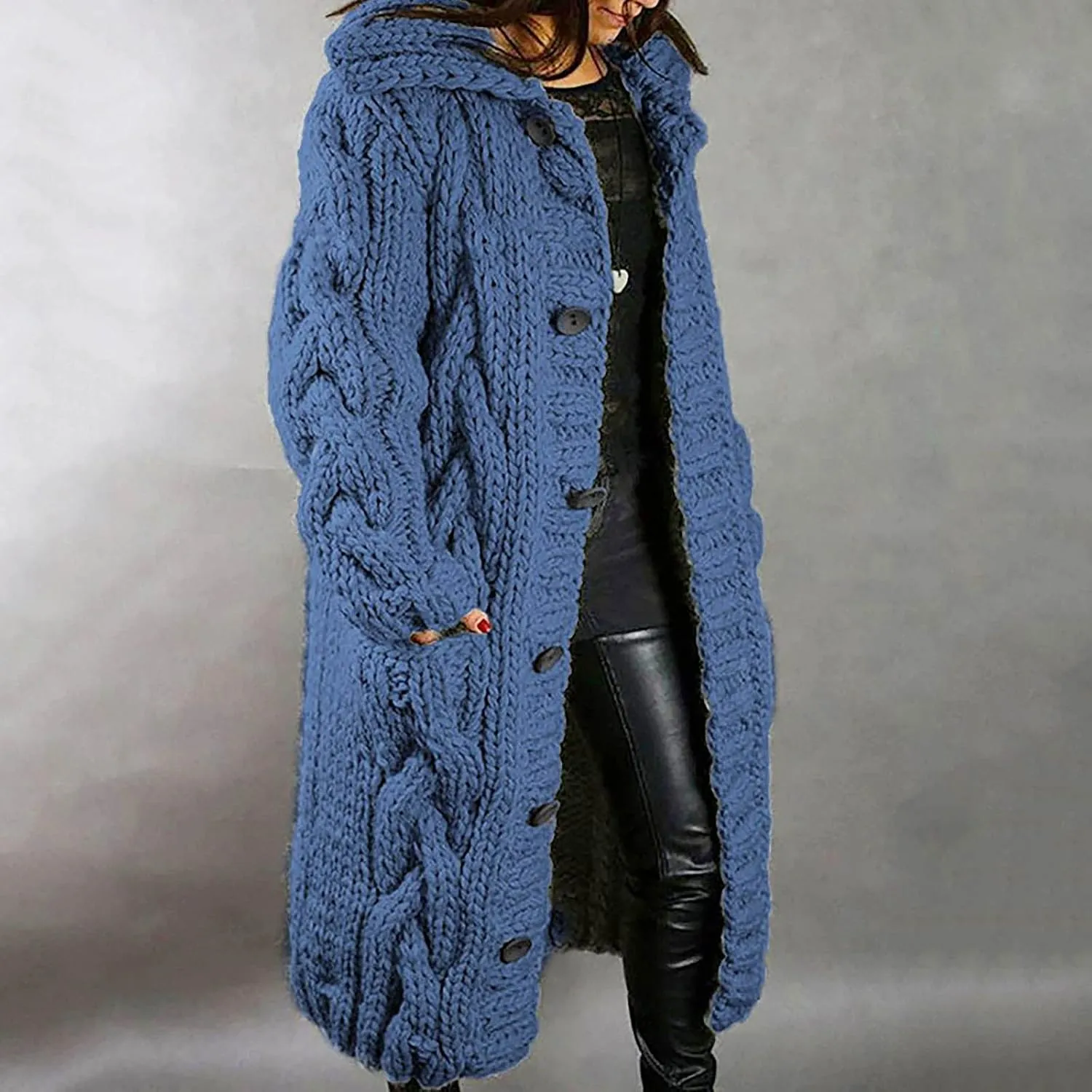 Women Chunky Knit Sweater Coats with Pockets Open Front Cardigan Sweaters Plus Size Long Overcoat Solid Winter Jacket