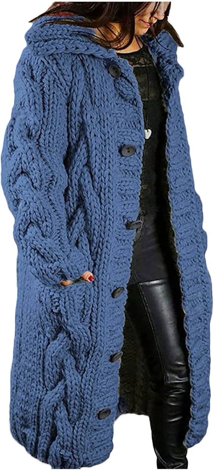 Women Chunky Knit Sweater Coats with Pockets Open Front Cardigan Sweaters Plus Size Long Overcoat Solid Winter Jacket