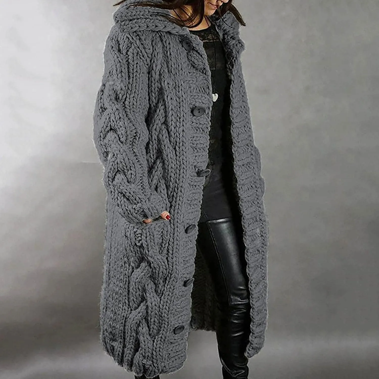 Women Chunky Knit Sweater Coats with Pockets Open Front Cardigan Sweaters Plus Size Long Overcoat Solid Winter Jacket