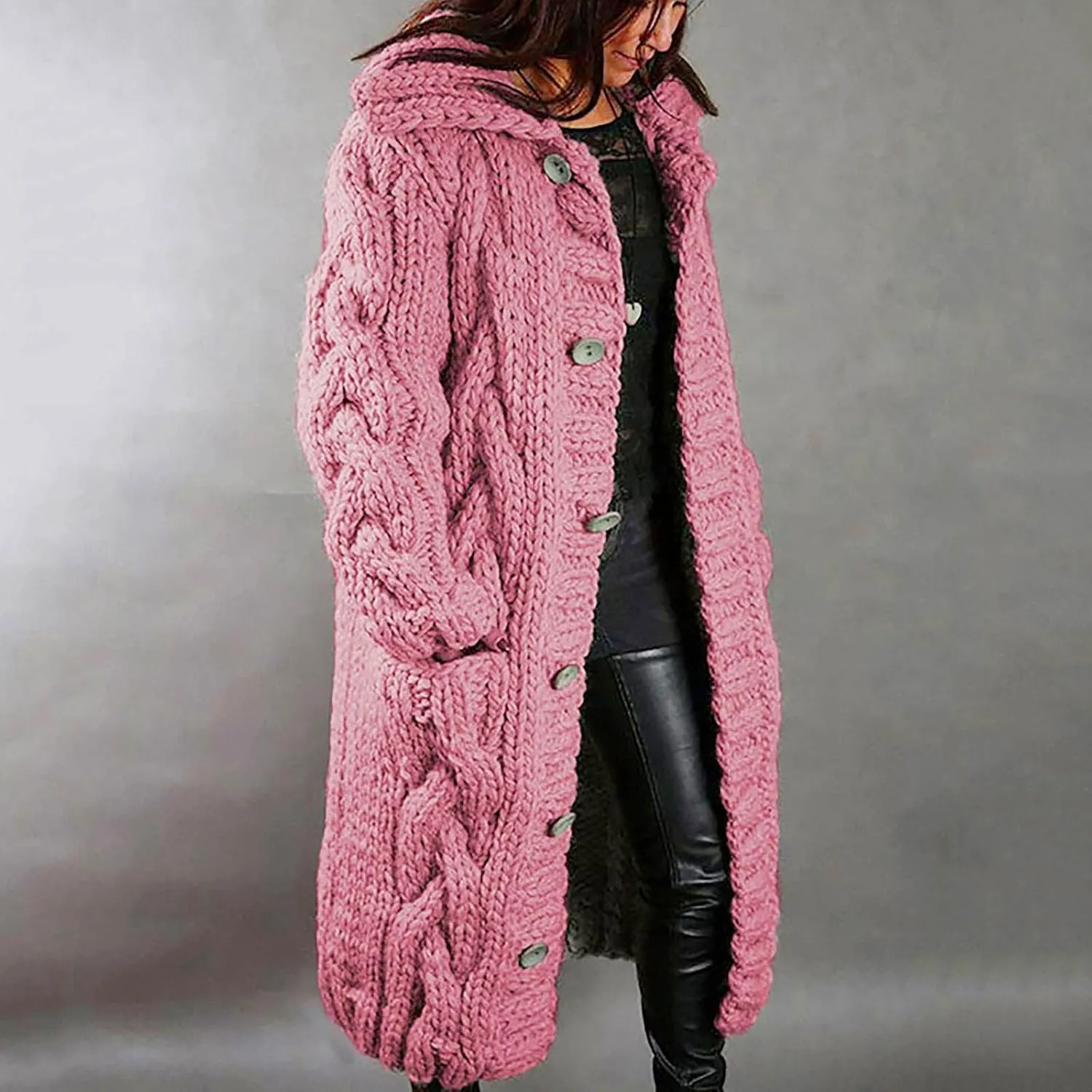 Women Chunky Knit Sweater Coats with Pockets Open Front Cardigan Sweaters Plus Size Long Overcoat Solid Winter Jacket