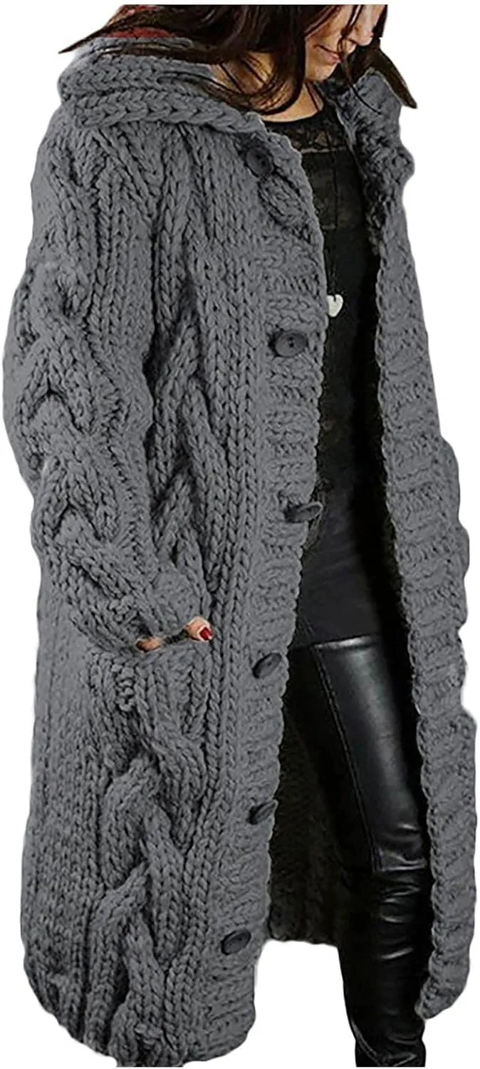 Women Chunky Knit Sweater Coats with Pockets Open Front Cardigan Sweaters Plus Size Long Overcoat Solid Winter Jacket